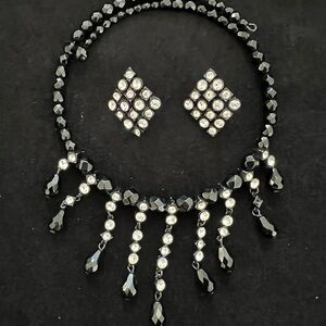 Art Deco Vintage Necklace Black Jet & Rhinestone Circlet with Earrings